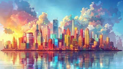 Obraz premium Colorful city skyline reflected in the water under a vibrant, cloud-filled sky can be used for marketing materials, travel promotions, or artistic backgrounds,