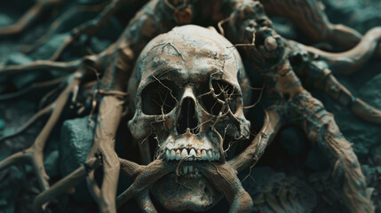 Human skull covered with the roots of the tree.