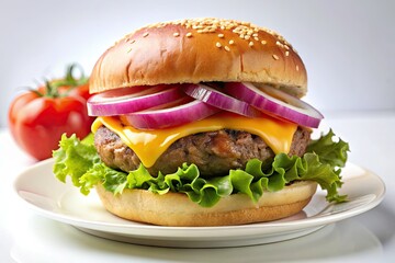 Juicy beef hamburger patty topped with melted cheese, lettuce, tomato, and a slice of red onion, served on a pristine white plate against a clean background.