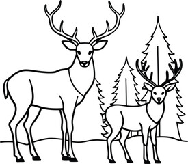 Cute deer with cubs line art for kids to color
