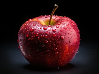 Juicy red apple with water droplets on its skin, isolated on a black background, highlighting its freshness and ripeness, perfect for food and fruit representations.