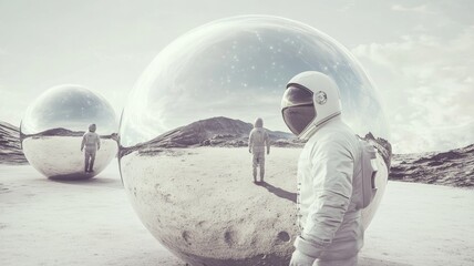 Futuristic images of humans on Mars, moon bases, or space tourism experiences