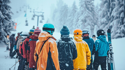 A diverse group of tourists dressed in colorful winter gear patiently waits in line at a ski resort, surrounded by a snowy landscape and tall trees