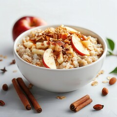 Warm oatmeal with cinnamon and apple slices on solid white background, single object