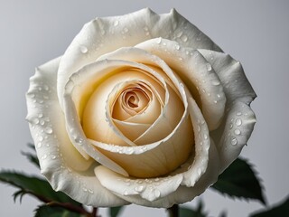 Portrait of a pristine white rose adorned with delicate water droplets