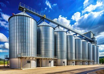 Large corrugated metal silos dominate the landscape of an agro-industrial complex, accompanied by a state-of-the-art seed cleaning and drying line for efficient grain storage.