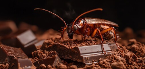Cockroach on a piece of chocolate, detailed macro shot  Dessert Spoilage, Health Risk