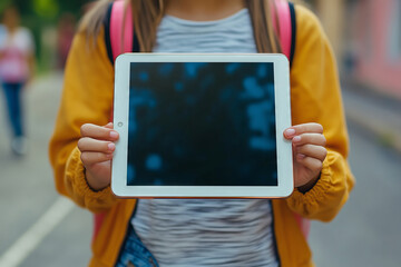 A student proudly holds up a digital tablet on a school day, showcasing a modern learning environment