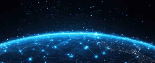 Obraz premium Cyberspace trade platform featuring global reach cryptocurrency and smart tech on an extended banner format