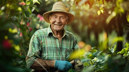 The elderly man gardening