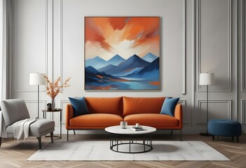 right orange couch in a living room, complemented by a stunning mountain painting hanging above it.