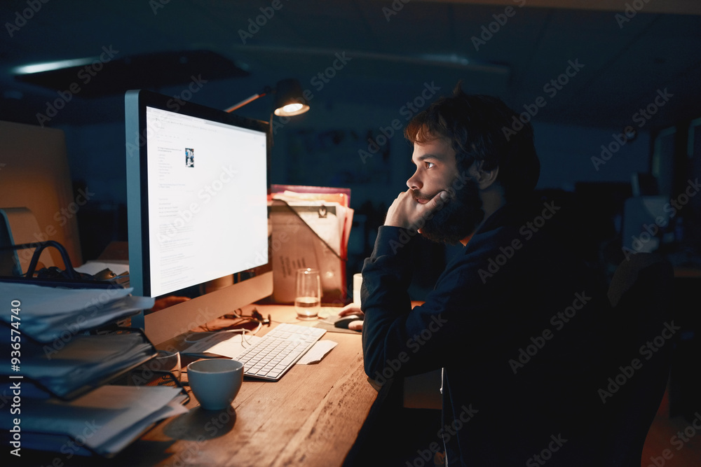 Leinwandbilder Man, programmer and night with computer, thinking and stress for glitch, screen and coding error. Person, developer and pc with monitor, reading and information technology with problem solving on web