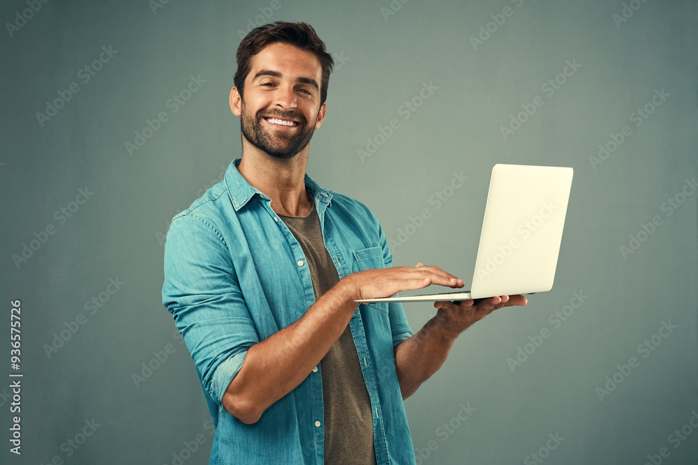 Leinwandbilder laptop, happy and portrait of man in studio with research for creative software with project develop