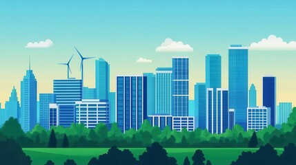 Naklejka premium A city powered by a combination of renewable sources, with smart grids managing energy distribution, urban development, sustainability, technological innovation