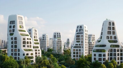 A futuristic city where every building contributes to sustainability through energy production and conservation, urban development, sustainability, technological innovation