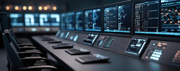 Obraz premium A mission control center focused on preventing space threats from reaching Earth, using advanced technology, Earth defense, space exploration, technological innovation