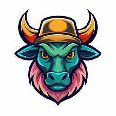 Trendy Hat Creative and Modern Logo Design. Colorful Bull Head Mascot Logo with White Background.