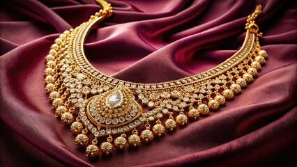 Fototapeta premium Luxurious gold necklace with intricate design and sparkling diamond accents against a soft, velvet background, evoking opulence and sophistication.