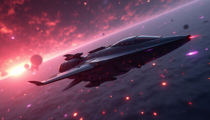 Far-future spacecraft exploring the outer reaches of a distant galaxy with advanced technology and unknown cosmic phenomena.