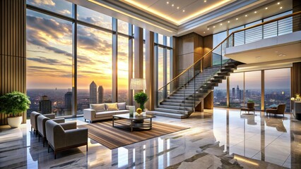 Fototapeta premium Luxurious modern hotel lobby with sleek marble floors, elegant staircase, and floor-to-ceiling windows overlooking a vibrant cityscape at sunset.