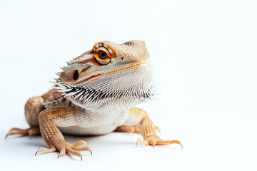 Obraz premium Exotic lizard bearded dragon on white background, lizard in natural pose. Close-up. Copy space. Generative AI