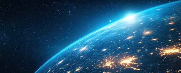 Digital trade ecosystem featuring international reach virtual currency and smart devices on a wide banner format