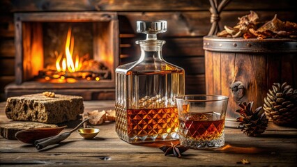 Obraz premium Luxurious whiskey decanter and glass sit amidst rustic, earth-toned surroundings, evoking a sense of sophistication and refinement in a cozy, natural atmosphere.