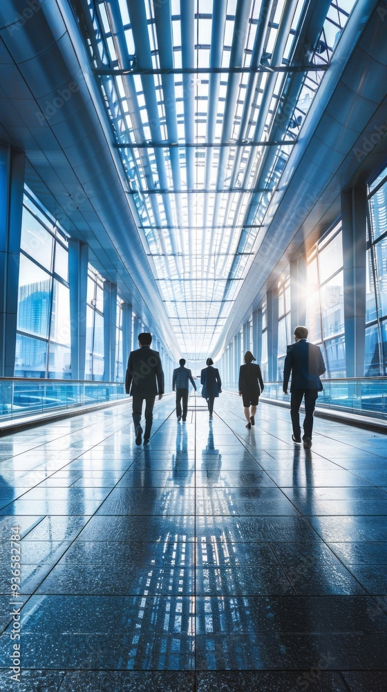 Aufkleber a group of individuals strolls through a spacious corridor illuminated by natural light from large g