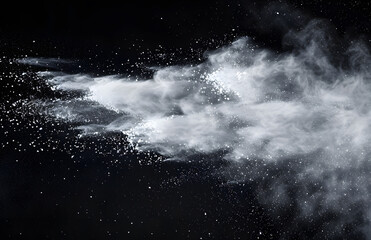 Captivating image of a dynamic white powder cloud expanding in various directions against a dark backdrop, ideal for creating intense visual effects with a highenergy impact