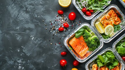 This vibrant takeout meal showcases grilled salmon with bright greens, cherry tomatoes, and lemon slices, highlighting a nutritious, balanced option for health-conscious diners