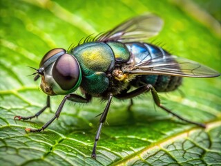 Macro view of a shiny black drone fly with prominent eyes and transparent wings, perched on a green leaf, highlighting its intricate details.