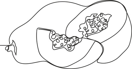 One-line Art Papaya Fruit, Black and White Vector Papaya