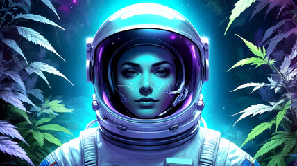 A breathtaking, high-contrast, cinematic portrait of an astronaut clad in a polarized visor, surrounded by a lush, vibrant, and thriving cannabis forest, with neon hues of electric blue, green, and pu