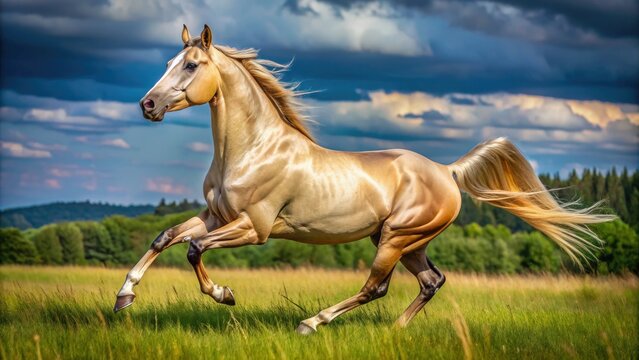 Majestic Akhal-Teke horse with rare metallic coat color runs freely in open fields, showcasing its strength, agility, and exceptional beauty, worth every cost.