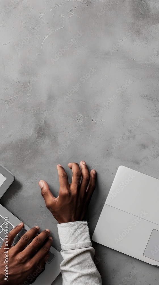 Poster focused hands are actively typing on a sleek laptop keyboard, surrounded by a calm gray surface, cap