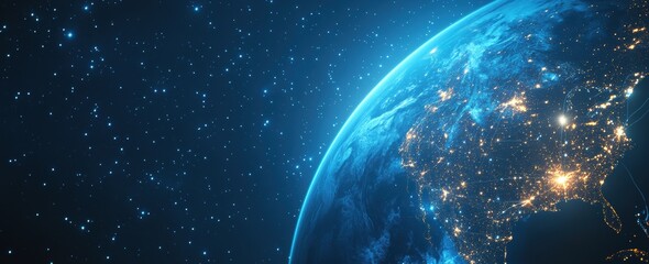 Obraz premium Earth's virtual system representation with international connections and info flows in a web banner
