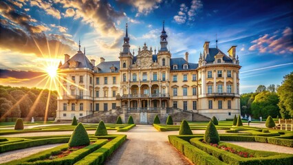 Majestic Baroque-style palace with grandiose facade, ornate details, and towering spires, set against a serene blue sky with subtle sun flare.