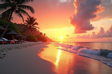 People relaxing on beach loungers as the sun sets in the background