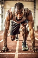 Runner at the starting line on an indoor track, competition readiness concept