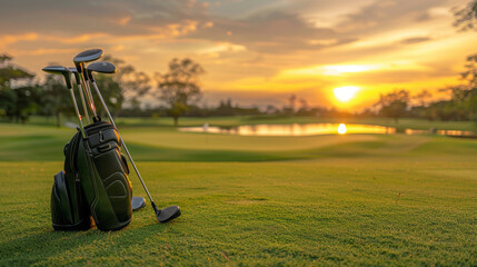 Fototapeta premium Golf clubs stand in a bag on the vibrant green grass of a beautiful golf course as the sun sets, creating a breathtaking backdrop for a perfect day of play
