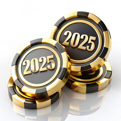 Fototapeta premium Three poker chips are stacked, displaying the year 2025 prominently in gold lettering