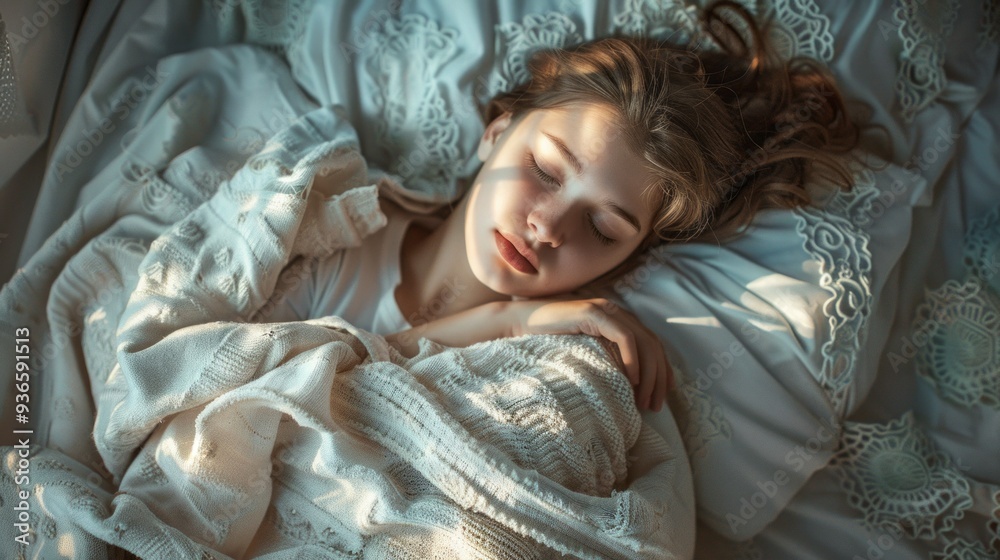 Poster wrapped in a soft blanket, a woman enjoys a peaceful slumber, illuminated by gentle morning light fi