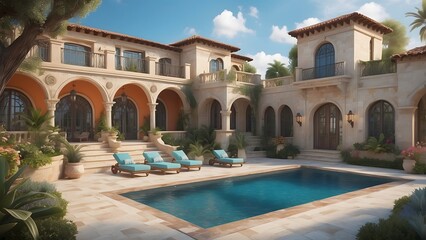 Architectural exterior design of a house with a crystal clear swimming pool filled with water, front elevation design of house 