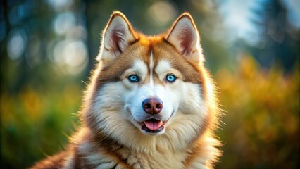Obraz premium Majestic light brown husky with piercing blue eyes, fluffy coat, and wagging tail, exudes friendly confidence, showcasing its large, healthy, and powerful build.