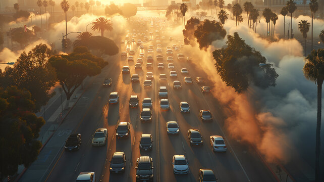 Comparison of air quality levels during rush hour traffic in a major city at sunset showcasing pollution effects