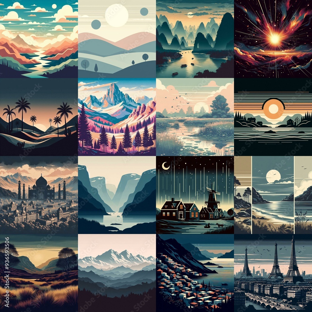 Wall mural Landscape in minimalistic style. AI generated illustration