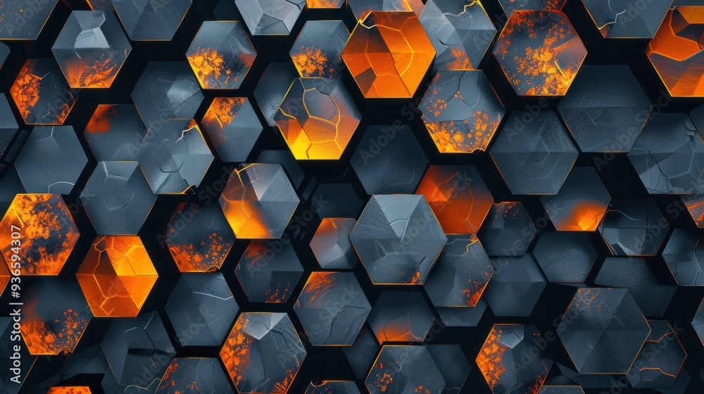 Fototapete Dynamic and bold, this design features an array of orange hexagons set against a deep gray backdrop, showcasing a captivating blend of shapes and color contrasts that energize any environment