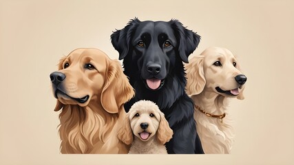 illustration featuring the heads of a Golden Retriever, German Shepherd, and Poodle, all positioned against a plain, soft beige background