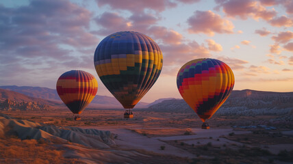 Fototapeta premium Balloons ascend into the morning sky, illuminating the landscape with vibrant colors at sunrise in a serene setting