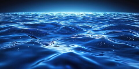 Luminous blue ocean waves ripple under a starry night sky, mesmerizing seascape of glowing water and celestial reflections.
